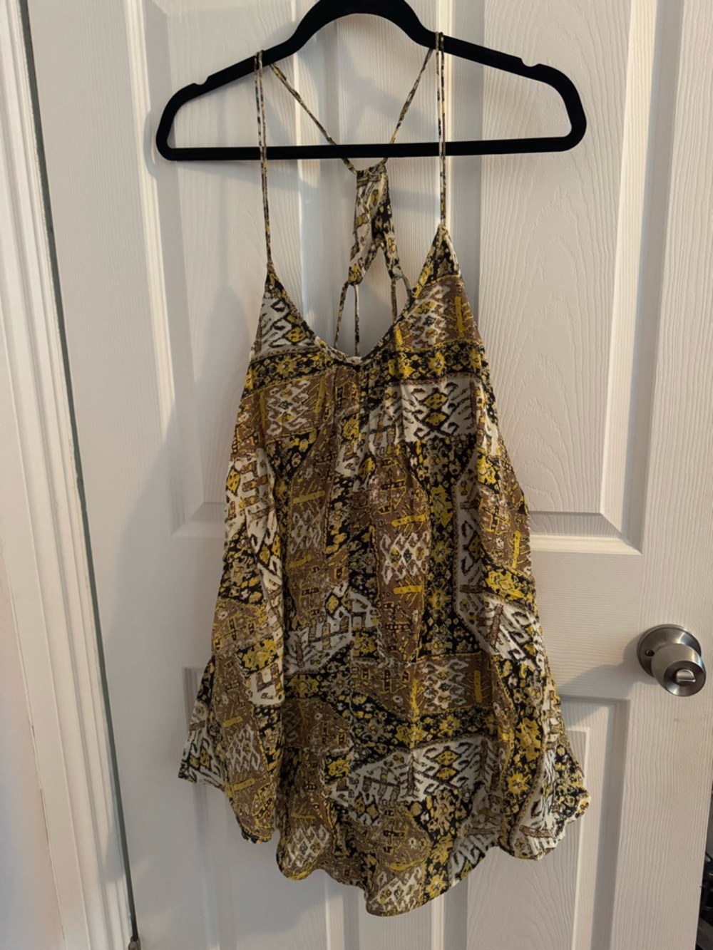 RVCA Yellow and Brown Printed Spaghetti-Strap Camisole